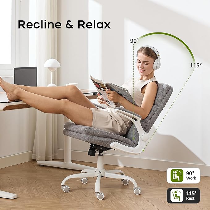 amseatec Office Chair Adjustable Desk Chair Mid Back Executive Comfortable Fabric Ergonomic Back Support Home Computer Chair with Padded Flip-up Armrest Swivel Wheels (Cement Gray)