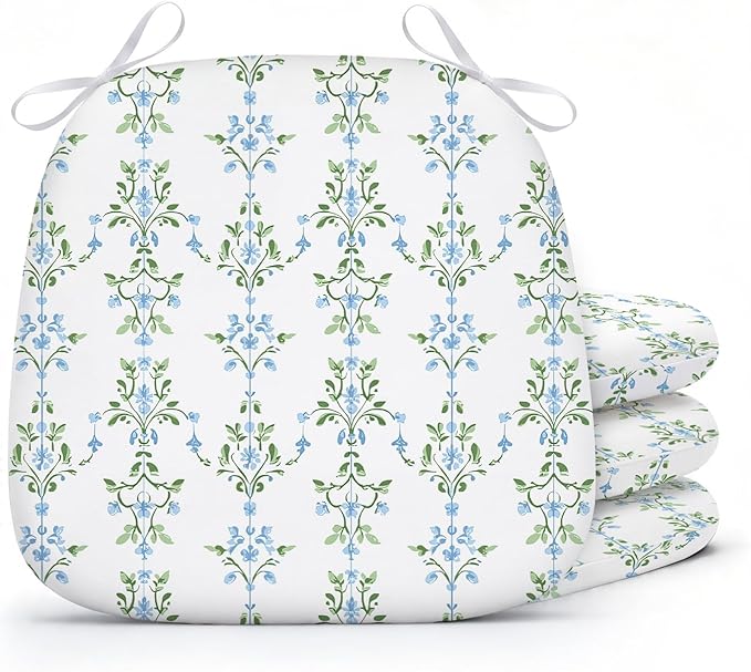 4 Pack Grandmillenial Chair Cushions for Dining Chairs 17" x 16" x 2" D-Shaped Breathable Blue and White Floral Linen Kitchen Chair Pads with Ties Washable Non Slip Seat Cushion
