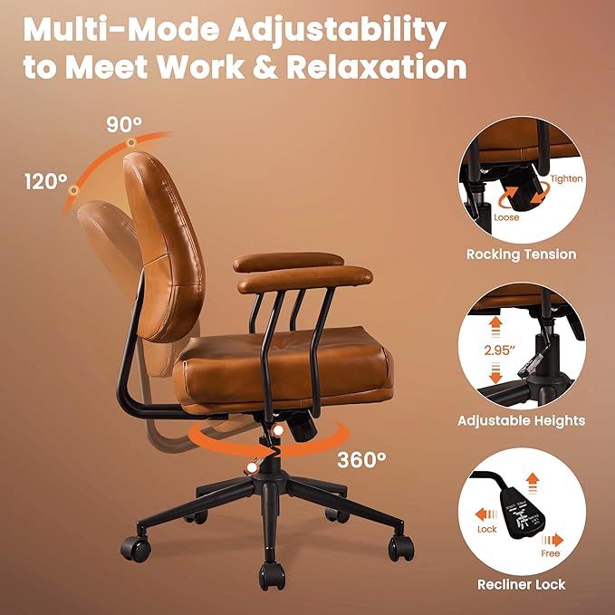 Leather Home Office Chair, Mid Back Ergonomic Desk Chair with Lumbar Support, Mid Century Modern Deep Seat Swivel Rocking Computer Chair, Brown