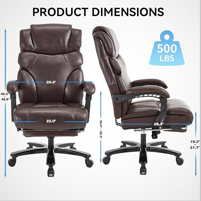 Heavy Duty Executive Office Chair, 550lbs Big and Tall Office Chair with Wide Seat, Reclining Ergonomic Desk Chair with Footrest PU Leather Computer Chair for Home Office, Red Brown