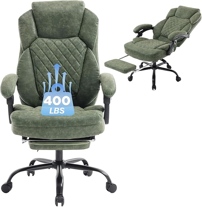 400lbs Ergonomic Reclining Office Chair with Footrest, Plus Size Big Tall Leather Recliner Office Desk Chairs with Foot Leg Rest, Green
