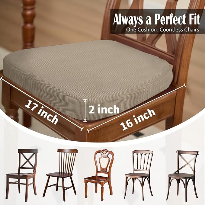 2'' Thick High-Density Foam Indoor Chair Cushions | Dining Chair Pads with Ties, Removable Washable Cover, Kitchen Chair Cushions 17"x16",Khaki 6 Pack