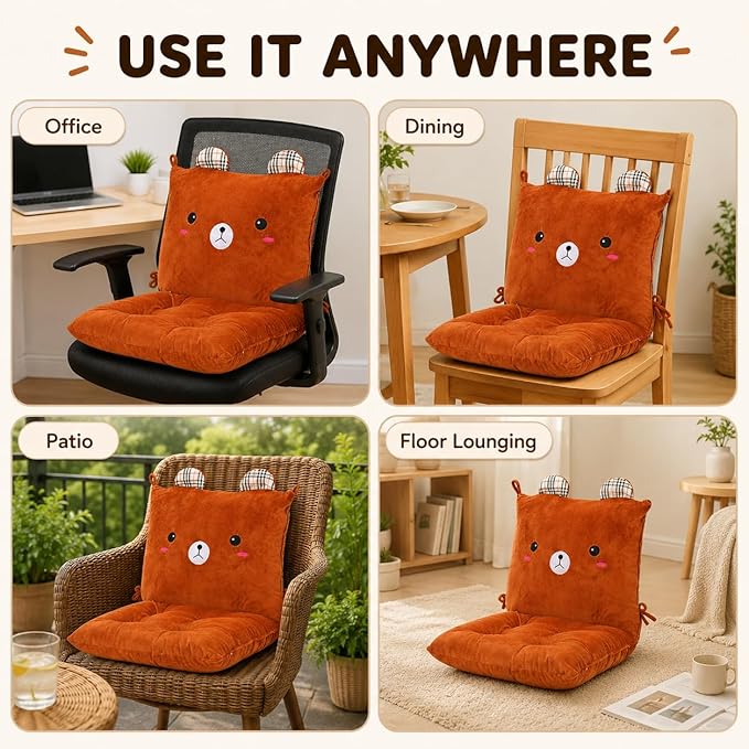 ChezMax Chair Cushion Plush Seat Cushion Back Cushion with Ties, Detachable Thickened Desk Chair Pads, Cartoon Waist Pillow Cushion Decor for Chair Car Office Patio Wheelchair, Cartoon Bear
