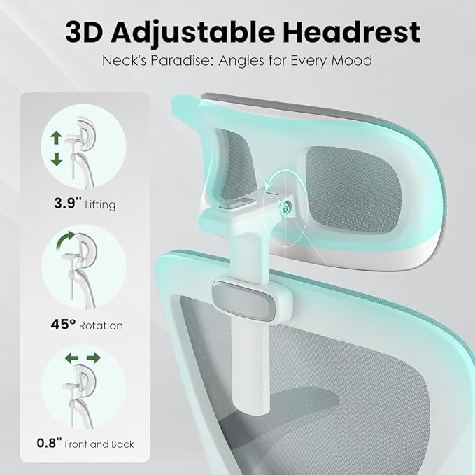 JOSHEN Breathable Mesh Elegance Office Chair, Modern Refined Office Chair with Adjustable Lumbar & Headrest, Minimalist Single Sofa Chairs for Home Office & Study, Gray,White