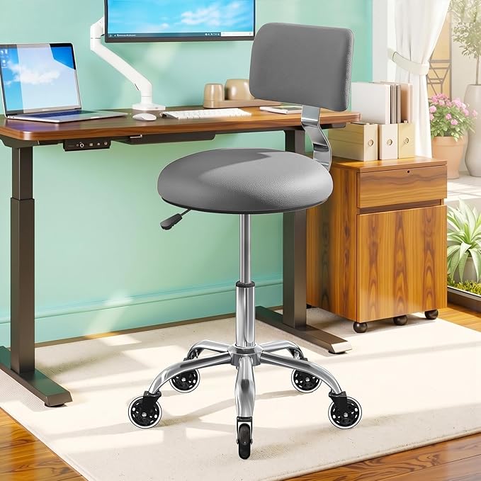Rolling Stool Chair with Wheels, Office Drafting Chair with Back Support, Height Adjustable Standing Desk Stool with PU Leather Cushion for Home Office Kitchen Vanity Salon Garage Tattoo Dentist, Grey