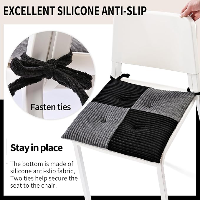 Office Stacking Chair Cushions 4 Pack, Corduroy High Density Foam Kitchen Seat Cushions with Ties, Square 17" x 17" Indoor Non-Slip Dining Chair Pads, Black+ Grey，4pcs