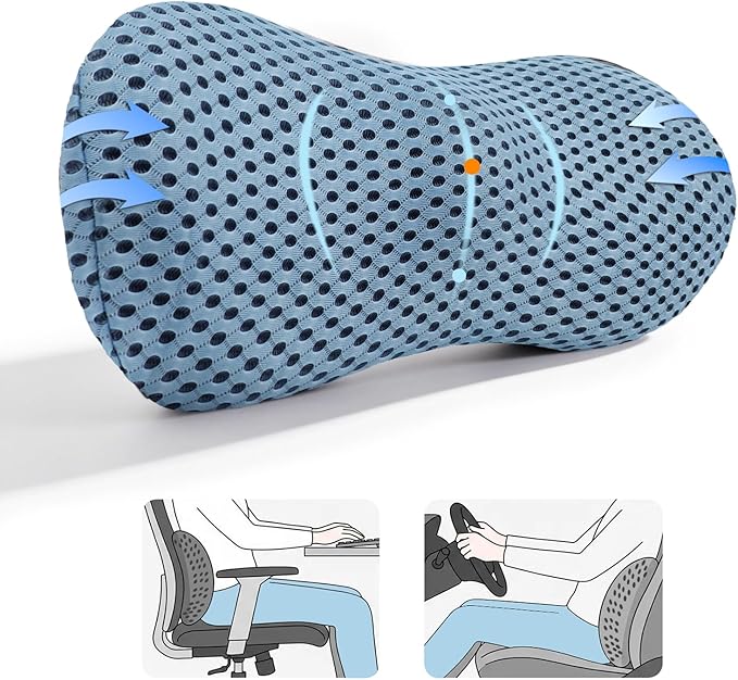 Lumbar Support Pillow, Memory Foam Lumbar Pillow for Office Chair and Car Seat, Back Pillow for Lower Back Pain Relief, Back Support Pillow for Sitting, Driving, Traveling (Blue)