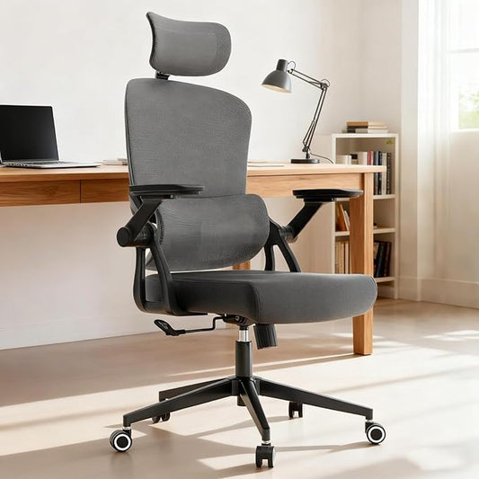 350 LBS Ergonomic Office Computer Mesh Chair - Adjustable Height Rolling Desk Chair with Flip-Up Armrests & High Back Support - Comfortable Swivel Task Chair for Home Office (01GREY)