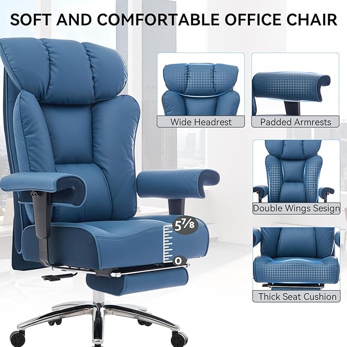 Efomao Big and Tall Office Chair 400lbs - Heavy Duty Executive Desk Chair with Foot Rest & 23" Wide Seat - High Back Ergonomic Leather Computer Chair for Heavy People, Home Office, Blue