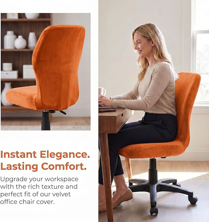Deisy Dee Velvet Stretch Armless Office Chair Covers - Colorful Stretch Slipcover for Desk Chairs (Orange)