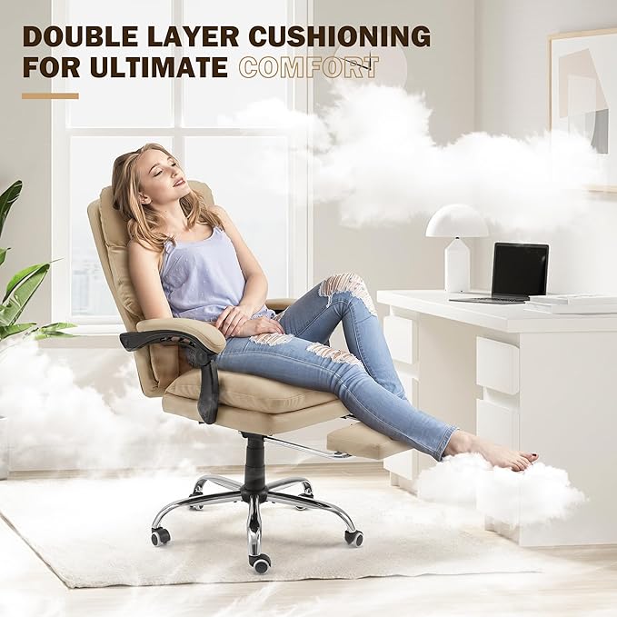 HOMREST Ergonomic Office Chair with 6-Point Massage & Heating, Adjustable Executive Desk Chairs, Retractable Footrest, Dual-Layer Soft Cushion, PU Leather, Khaki