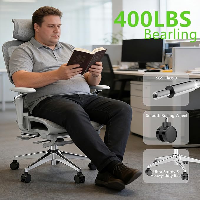 2Pack Ergonomic Office Chair with Footrest,High Back Mesh Desk Chair,Lumbar Support & 90-135°Recline,3D Headrest & 6D Armrests,Swivel Computer Chair for Home Office, Work & Gaming