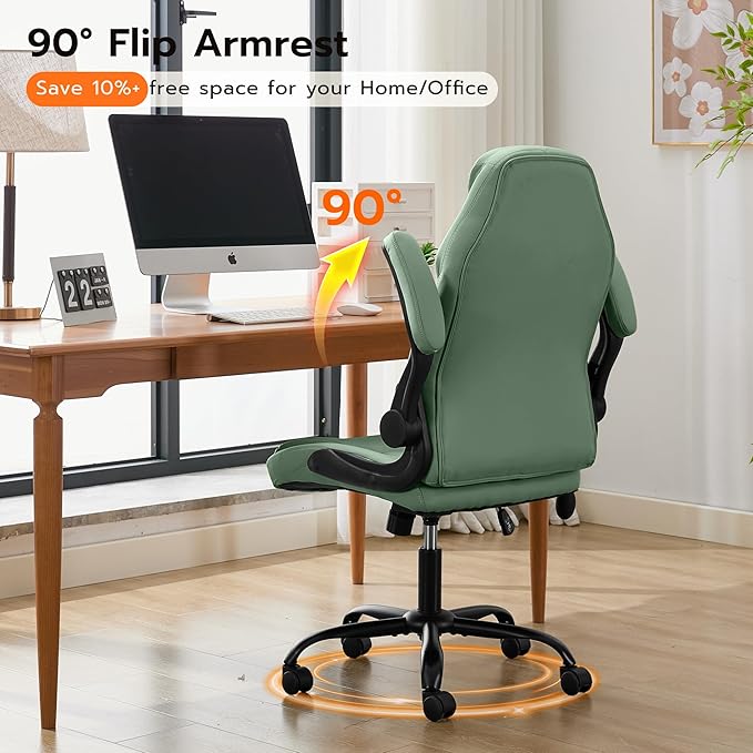 Ylzyxal Office Desk Chair, Ergonomic Computer Chair with Padded Flip-Up Arms and Adjustable Lumbar Support, PU Leather Executive Chair with Tilt Lock and 360° Swivel Rolling Wheels for Work, Study