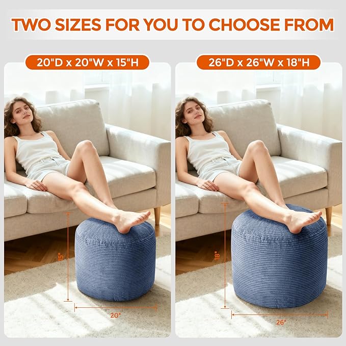 20" x 20" x 15" Pouf Ottoman Foot Rest, Pre-Stuffed Round Foot Stool with Odorless Shredded Memory Foam, Furry & Fluffy Corduroy Footrest for Living Room, Navy