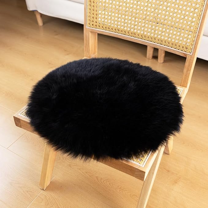 LLB Sheepskin Chair Pad Office Cushion Cover for Dining Room, Desk, Computer - Fur Area Rug for Living Room, Round 16.5" (Pack of 1), Black