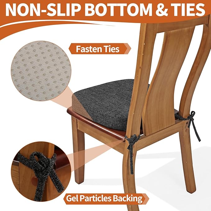 SINOSSO Thickened 2.5" Dining Chair Cushions, Soft Blended High Density Support Foam Kitchen Seat Cushions with Ties, U-Shaped Non-Slip Indoor Chair Pads, 16.5" x 16", 4 PCS, Black-Gray