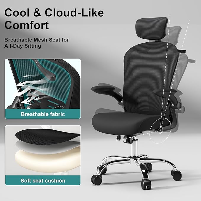 Ergonomic Office Chair with Headrest and Adjustable Lumbar Support, Mesh Back Computer Desk Chair, Flip-Up Armrest, 360° Swivel Rolling Chair for Home Office Study Gaming(Black)