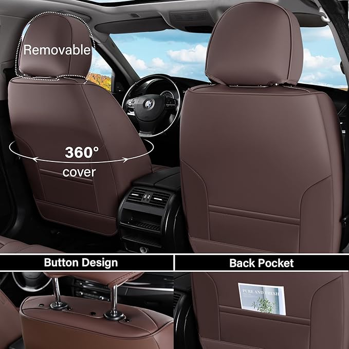 Coverado Car Seat Covers Full Set, 5 Piece Car Seat Protector with Lumbar Support & Removable Headrest, Breathable Leather Front Rear Seat Cushion Universal Fit for Truck Automotive Brown