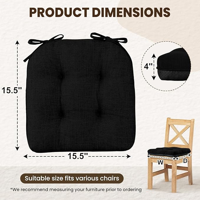 downluxe Indoor Chair Cushions for Dining Chairs, Tufted Overstuffed Textured Kitchen Chair Pads with Ties and Non-Slip Backing, 15.5" x 15.5" x 4", Black, 6 Pack
