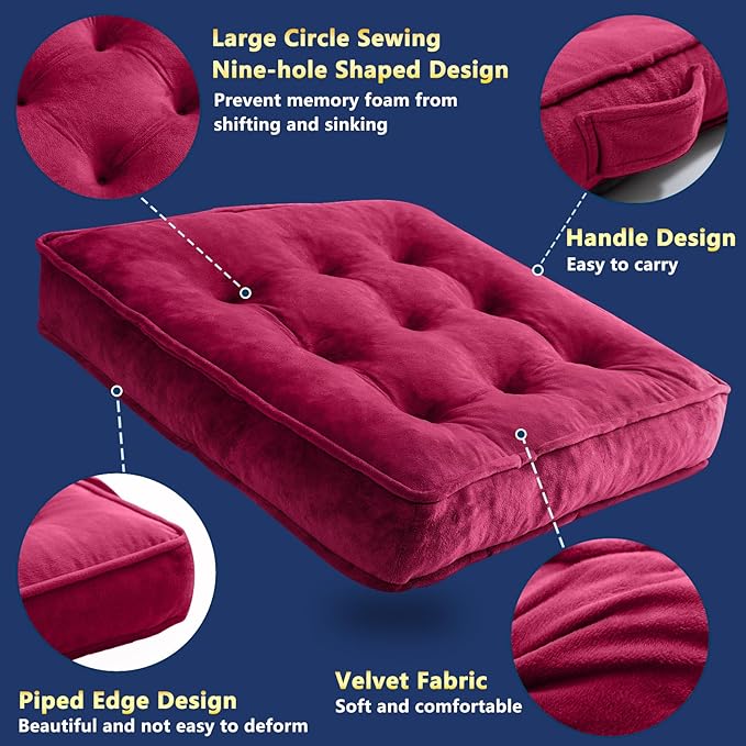 1 MIDDLE ONE Floor Pillow Set of 2, Memory Foam Meditation Cushion, Floor Cushions for Adults Sitting, Large Square Seat Cushions for Yoga, Living Room, 20x20 Inch (Burgundy)