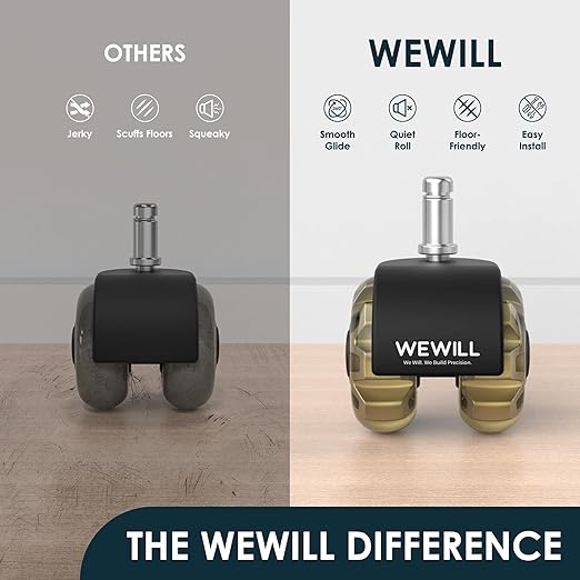 WEWILL Office Chair Wheels, Rubber Replacement Caster Heavy Duty Wheels for Computer Desk Chair to Replace Office Chair mats, Protect Hardwood Floors and Carpet, Set of 5 Glod