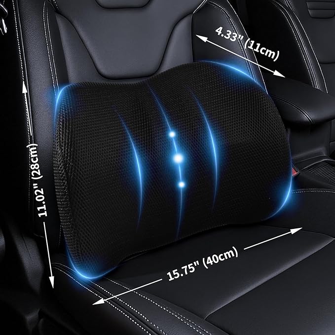 Lumbar Support Pillow for Car, Office Chair, and Gaming, Memory Foam Back Support for Lower Back Pain Relief, Ergonomic with Breathable Removable Mesh Cover, Black
