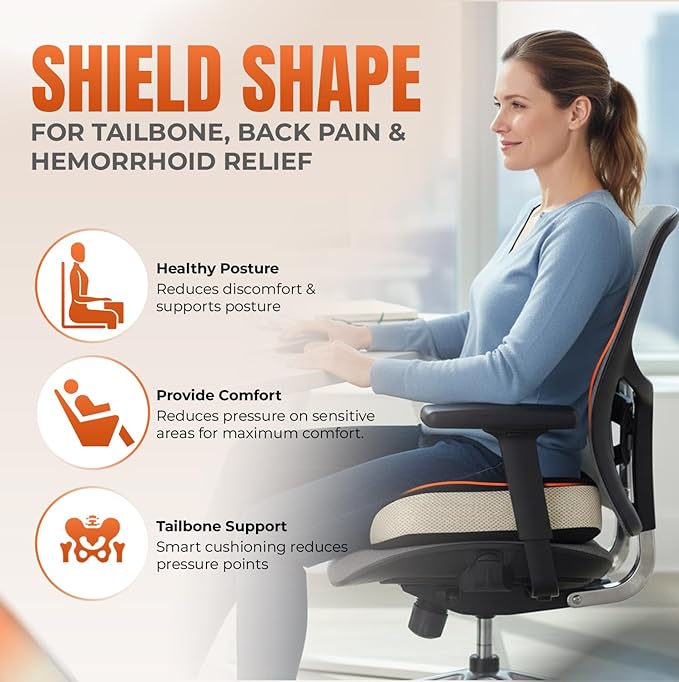 Patented 55D Orthopedic Memory Foam Seat Cushion – Ergonomic Office Chair & Car Seat Cushion, Contoured Coccyx Pillow for Tailbone, Hip & Lower Back Comfort – Ideal for Home, Driving & Long Sitting