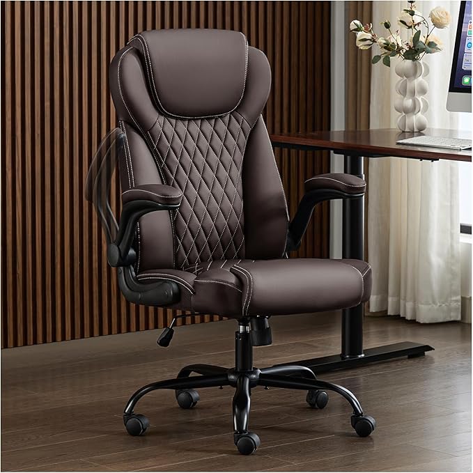 amseatec Office Chair, Executive PU Leather Chair, Ergonomic Computer Desk Chair with Lumbar Support and Adjustable Flip-Up Arms, Rocking Task Chair, Brown