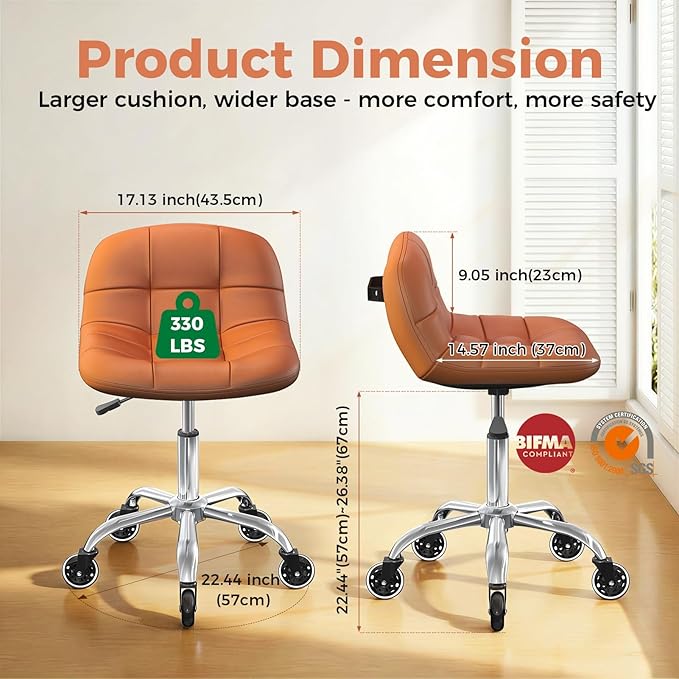 Rolling Stool Chair with Wheels, Height Adjustable Stool with Back Support, Office Drafting Chair with PU Leather Cushion for Home Office Kitchen Vanity Salon Garage Tattoo Dentist Esthetician(Camel)