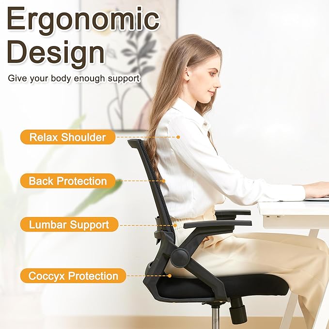 Ergonomic Office Chair, 400lbs Desk Chair with Flip-Up Arms and Lumbar Support, Rolling Work Swivel Chair with Breathable Mesh, High Back Office Computer Chair for Long Hours (Black)
