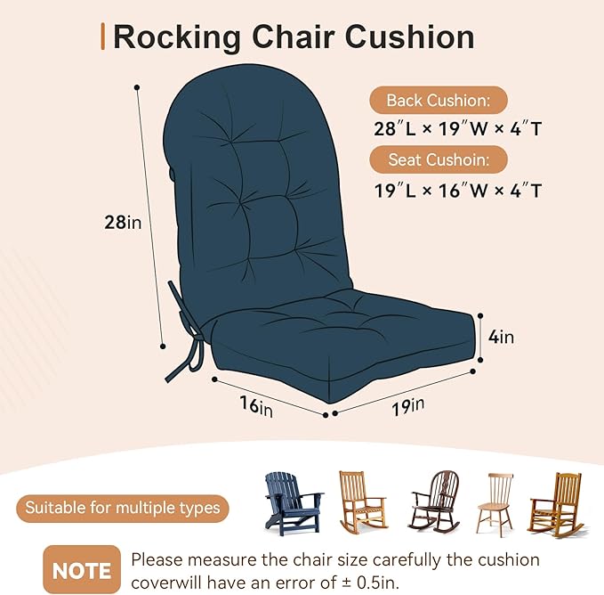 Rocking Chair Cushion - Velvet Fabric, High-Density Sponge, Durable Comfort Non-Slip Bottom Tufted Seat Pads with Ties, Velvet︱Dark Blue, 44x19x4 inch