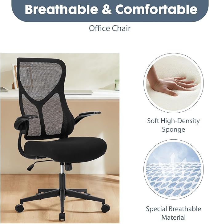 DUMOS Home Office Desk Chair - Ergonomic High Back Mesh Computer Chair with Comfy Flip-up Armrests, Adjustable Height Swivel Task Chair with Wheels, Comfortable Lumbar Support, for Adults, Black