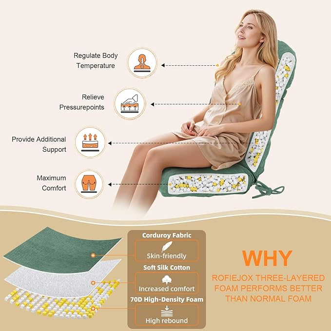 Rocking Chair Cushion - Corduroy Fabric, High-Density Sponge, Durable Comfort Non-Slip Bottom Tufted Seat Pads with Ties, Corduroy︱Sage Green, 44x19x4 inch