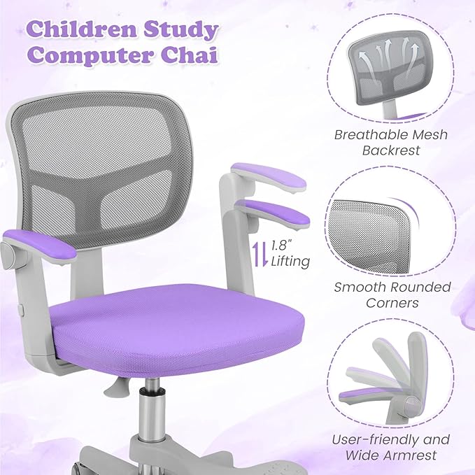 Giantex Kids Desk Chair, Ergonomic Adjustable Student Rolling Chair with Footrest & Flip-up Armrest, Mesh Children Office Chair with Universal Wheels, Kids Computer Chair for Boys & Girls, Purple