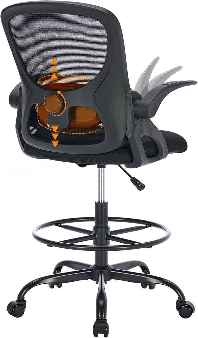 LukkDys Drafting Chair with 4D Multi-Adjustable Backrest, Tall Office Chair 19.7"-27.6" Seat Height, Ergonomic Standing Desk Chair with Flip-up Arms, Foot Ring, Black