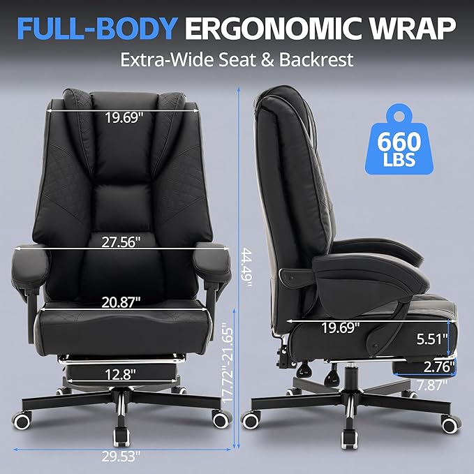 Ergonomic Gaming Office Chair for Adults, Big and Tall Heavy Duty Computer Desk Chair, High Back Video Game Chair with Footrest, Comfortable Leather Home Wide Gamer Chair with Lumbar Support (Black)