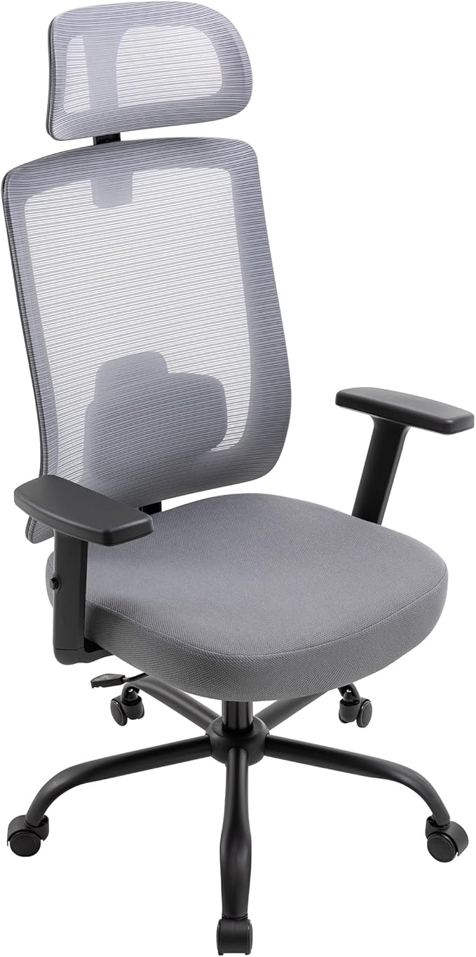 Ergonomic Office Chair, Office Desk Chair with High Back Mesh and Adjustable Lumbar Support, Rolling Work Chairs with Wheels and Adjustable Headrests, Wide Cushion, Grey