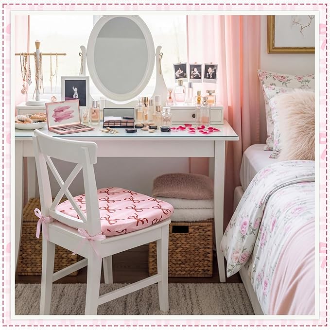 4 Pack Pink Bow Chair Cushions for Dining Chairs 17" x 16" x 2" D-Shaped Breathable Linen Kitchen Chair Pads with Ties Washable Non Slip Seat Cushion for Dining Kitchen Office Indoor