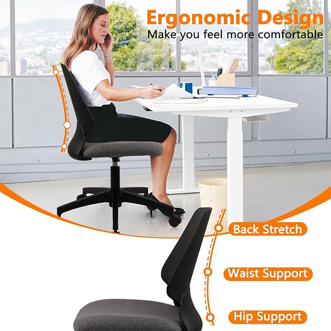 CLATINA Armless Home Office Chair, Ergonomic Small Desk Chair with Wheels and Soft Thick Upholstered Cushion, Comfy Adjustable Height Swivel Computer Task Chair for Conference Waiting, Black, 2Pack