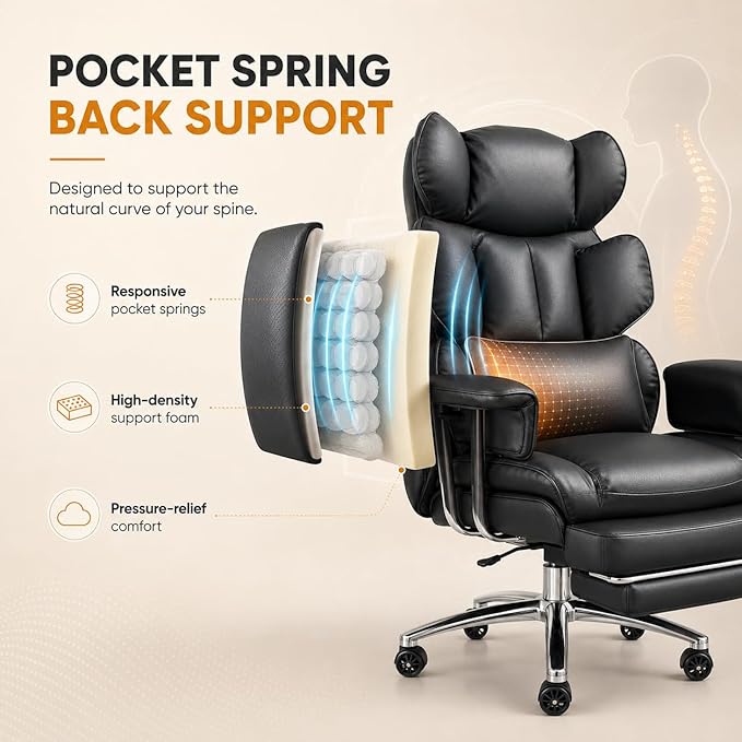 Big and Tall Ergonomic Office Chair with Footrest, Executive High Back PU Leather Desk Chair, Reclining Computer Chair with Adjustable Lumbar Support and Armrests, Swivel Rolling Gaming Chair, Black