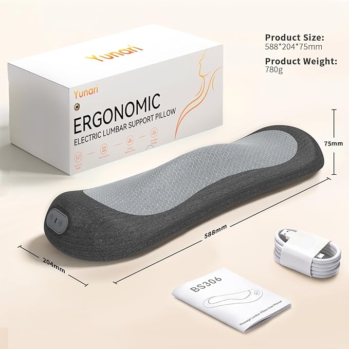 Yunari 3-in-1 Wireless Lumbar Support Pillow, 2-Level Adjustable Hot Compress, Deep Tissue Massage, Intelligent Dual Airbag Traction, Ergonomic Memory Foam, Relieves Waist Pain