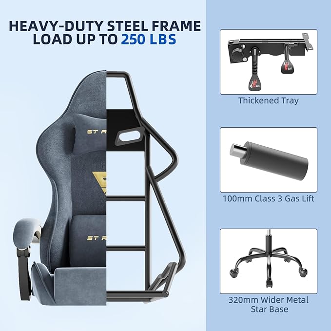 Ferghana Velvet Fabric Ergonomic Gaming Chair with Footrest and Massage, High Back Reclining Computer Gamer Chair for Adult, Racing Style PC Video Game Chair Suitable for Home Office (Grey)