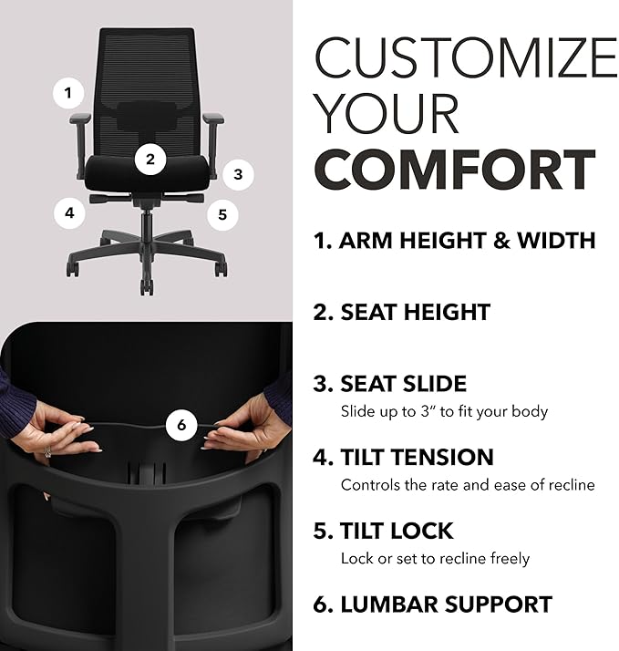 HON Ignition 2.0 Mid Back Task Chair, Advanced Synchro-Tilt Control, Office Chair with Lumbar Support, Height and Width Adjustable Arms, Black Frame, Black