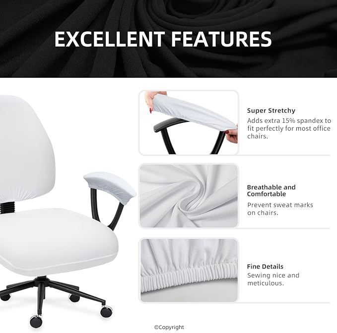 Stretchable Separate Office Chair Seat Covers with Armrest Covers - Universal Stretch Computer Chair Slipcover - Washable Rotating Backrest Coverings & Cushion Protectors for Dogs, Cats, Pets, White