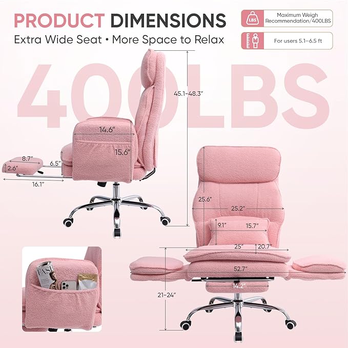 Big and Tall Office Chair with Flip Armrests, Cross Legged Office Chair with Storage Pockets, Comfortable Reclining Computer Chair with Foot Rest, Wide Home Desk Chair, Teddy Fleece, Pink