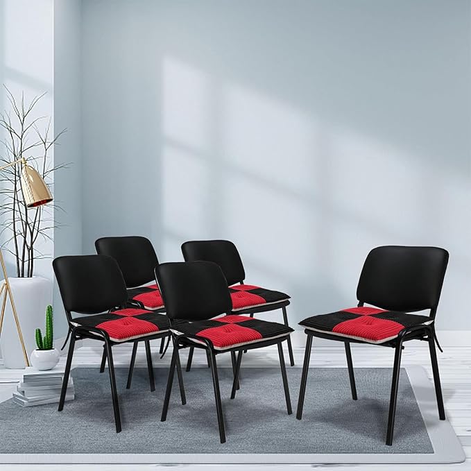 Office Stacking Chair Cushion with Ties, Corduroy High Density Foam Non-Slip Kitchen Seat Cushion, Square 17" x 17" Indoor Dining Chair Pads, Black+ Red, 1 PCS