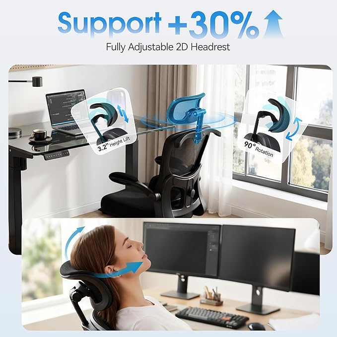 AreShark Office Chair-Ergonomic Desk Chair with Hidden Hanger & Flip-Up Arms, High Back Mesh Computer Chair with 2D Headrest & Adjustable Lumbar, Comfy Rolling Task Chair for Home Work Gaming, Black