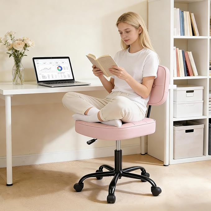 DUMOS Home Office Desk Chair - Ergonomic Armless PU Leather Computer Rolling Task Chair，with Comfy Lumbar Support and Height Adjustable, Vanity, Bedroom, Living Room, Pink