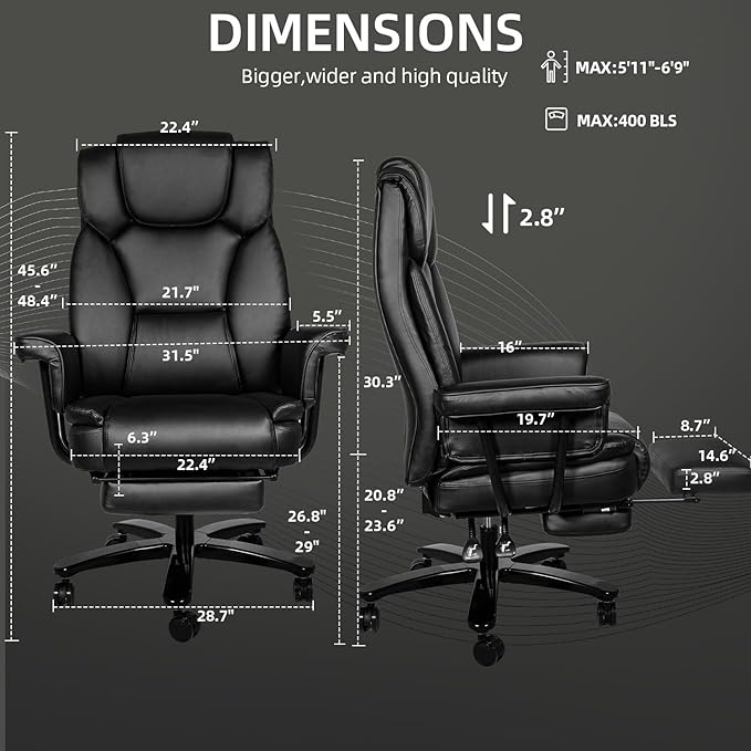 Reclining Office Chair with Footrest, Big and Tall Home Office Desk Chairs 400lbs with High Back, Criss Cross Wide Seat, Heavy Duty Base, Pu Leather, Black