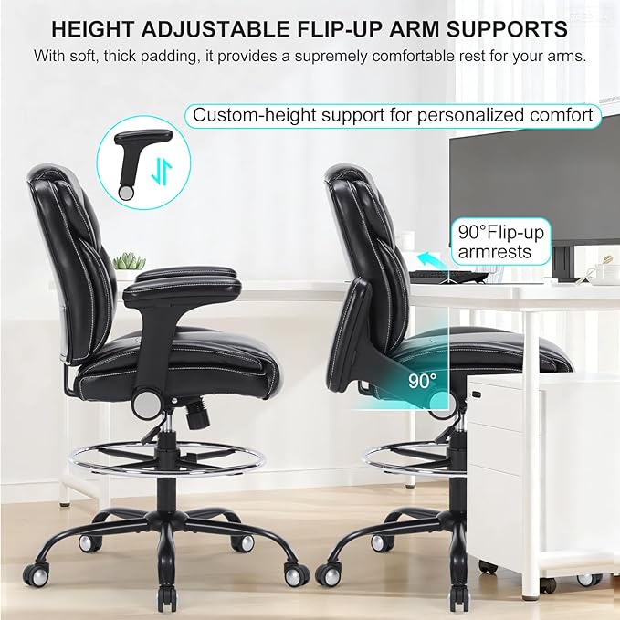 Drafting Chair, Tall Office Chair with Adjustable Armrests Mid-Back Standing Desk Chair with Footrest Ring, PU Leather High Executive Desk Chair Counter Height Office Chair for Home and Office, Black